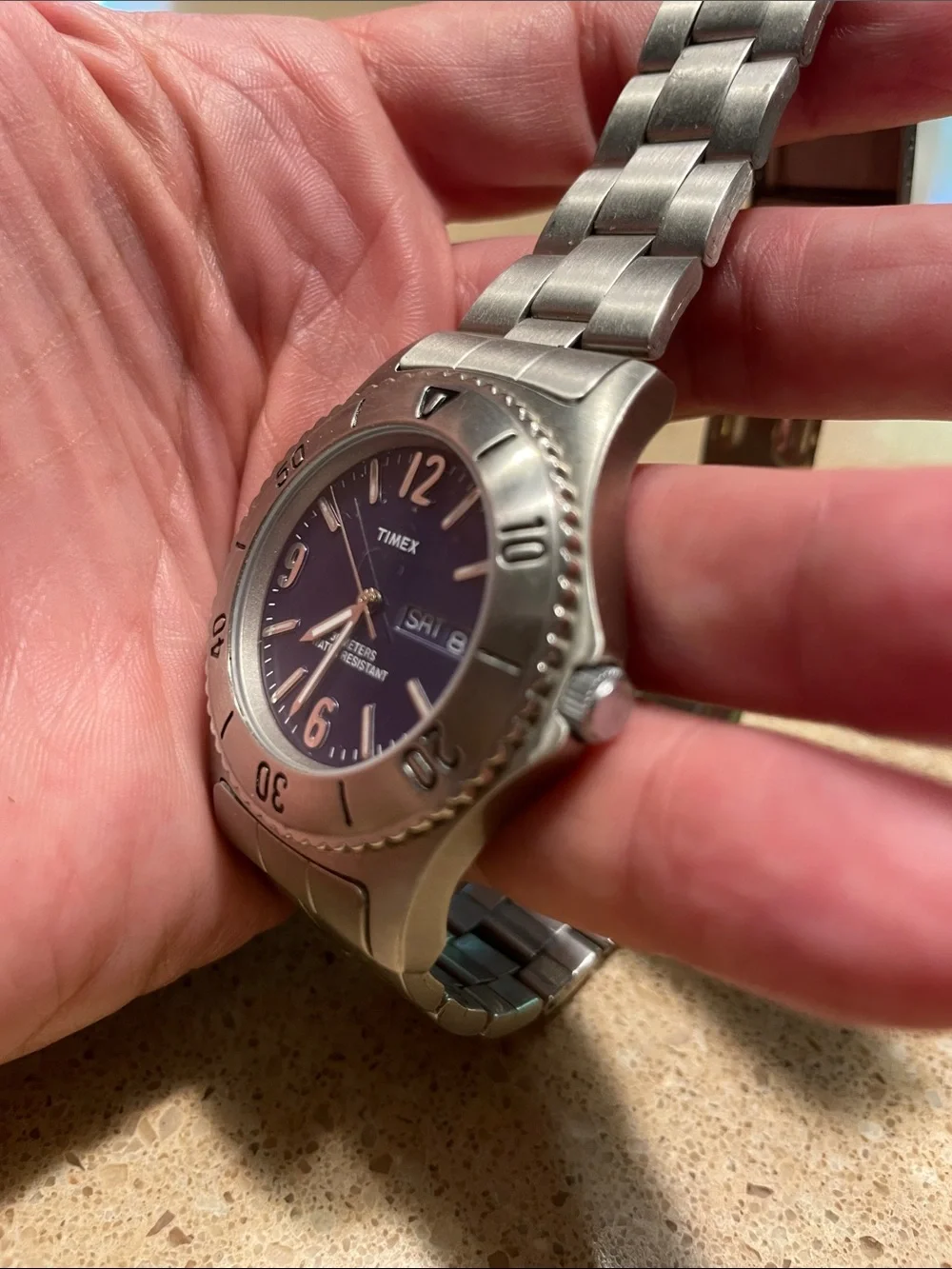 Timex Silver-Tone Watch with Blue Dial and Rotating Bezel